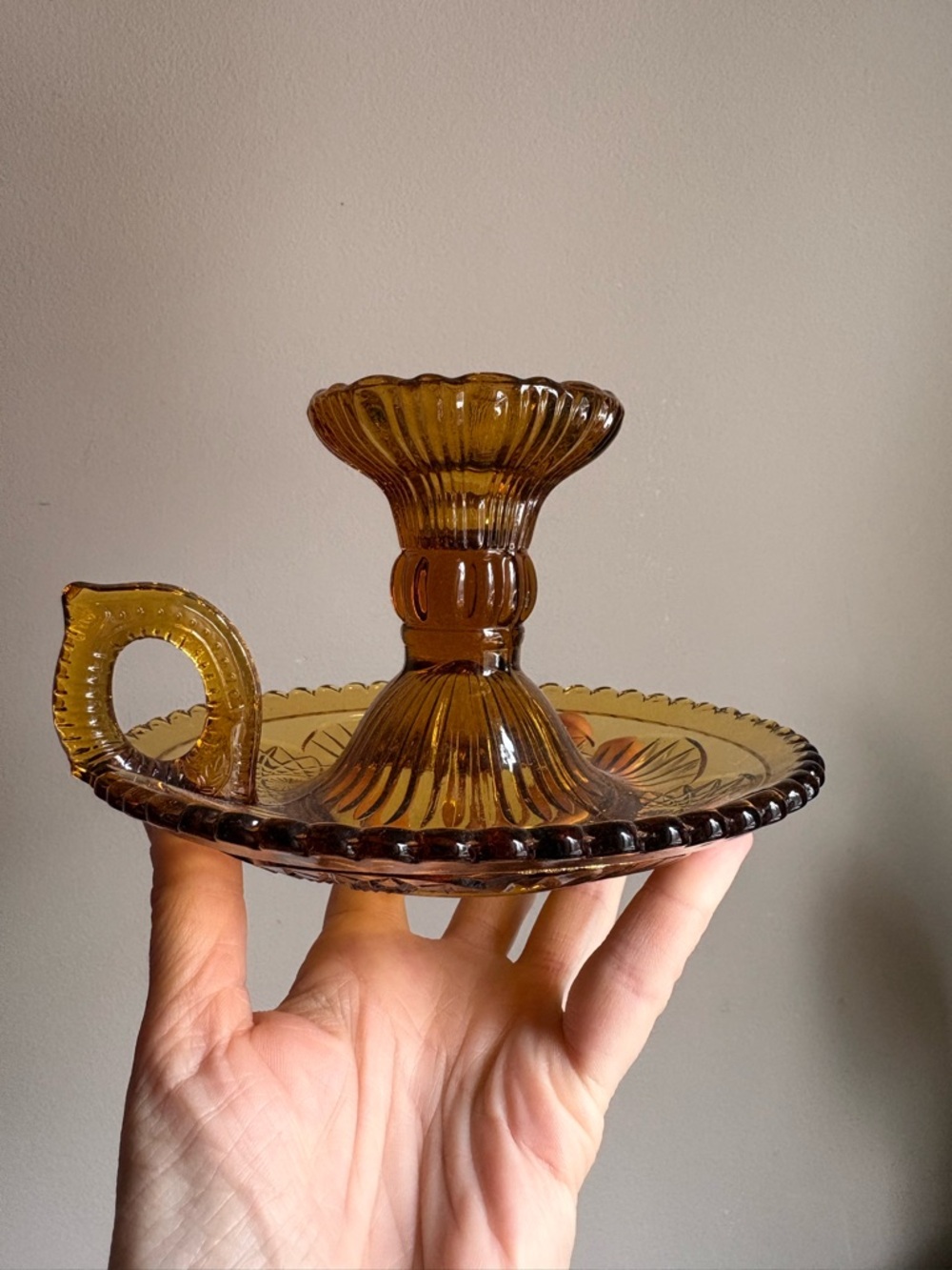 Amber Glass Chamberstick Candle Holder
